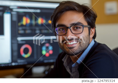 Smiling bearded man with glasses in a professional setting, a computer showing graphs in the background. Concept of business and technology. For business presentations. Smiling bearded man with glasses in a professional setting, a computer showing graphs in the background. Concept of business and technology. For business presentations. 124795314