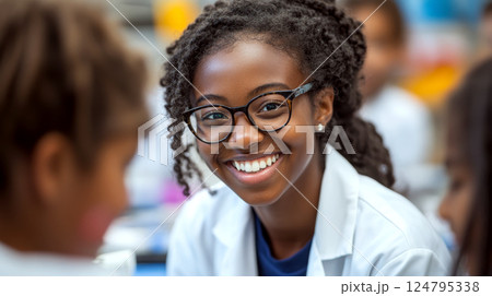 Smiling person with glasses in a white coat sitting in a classroom setting, surrounded by other students. Concept of education, happiness, learning. For school brochure. 124795338