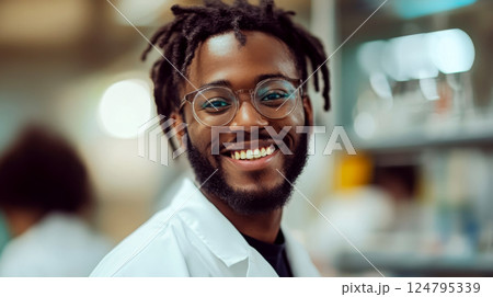 Smiling individual with glasses and a white coat stands in a lab environment. Concept of positivity and science. For science-related content. 124795339