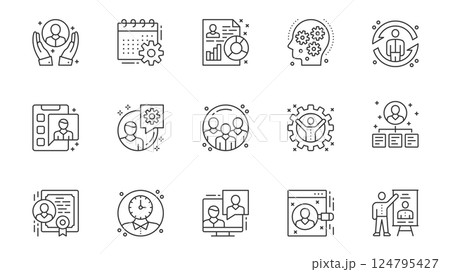 Office management icons set in outline stroke design for web. Pack line pictograms with employee support, calendar, process, resume, manager, teamwork, team organization, other. Vector illustration. Office management icons set in outline stroke design for web. Pack line pictograms with employee support, calendar, process, resume, manager, teamwork, team organization, other. Vector illustration. 124795427
