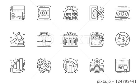 Finance and banking icons set in outline stroke design for web. Pack line pictograms with credit card, bank safe, money, bankruptcy, auction hammer, portfolio investment, other. Vector illustration. 124795441