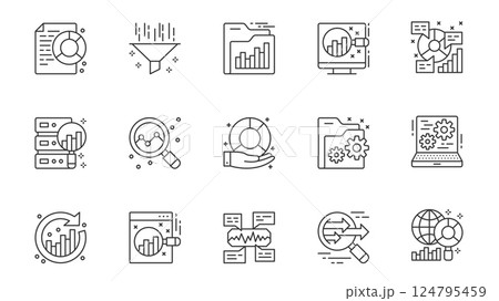 Data analytics icons set in outline stroke design for web. Pack line pictograms with diagram, filter, folder, chart research, database server, sync, statistic analysis, other. Vector illustration. 124795459