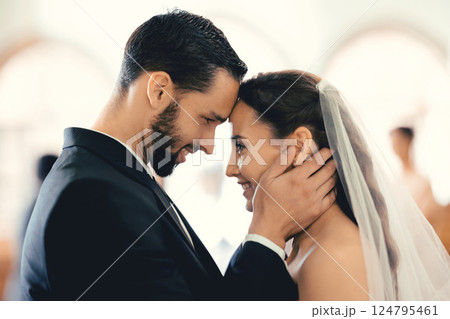 Couple love, wedding and face together for support, care and trust. Happy bride, groom smile and forehead eye contact for marriage, happiness and romantic partnership on special day celebration Couple love, wedding and face together for support, care and trust. Happy bride, groom smile and forehead eye contact for marriage, happiness and romantic partnership on special day celebration 124795461