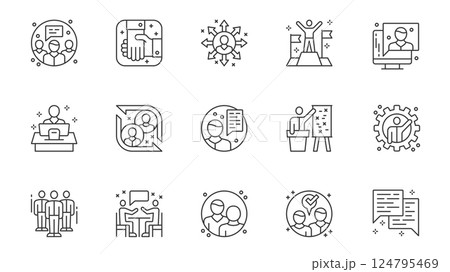 Business partnership icons set in outline stroke design for web. Pack line pictograms with communication, teamwork, discussion, handshake, success achievement, video call, other. Vector illustration. 124795469