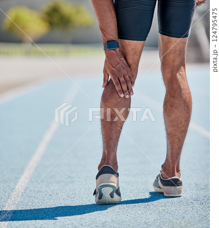 Legs injury for man running on track for cardio workout, sprint competition or marathon race. Muscle pain, calf problem and athlete runner with medical emergency while training for fitness workout Legs injury for man running on track for cardio workout, sprint competition or marathon race. Muscle pain, calf problem and athlete runner with medical emergency while training for fitness workout 124795475