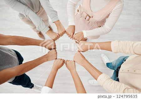 Corporate teamwork, fist bump hands of people in company diversity together and global business connection. Group employees collaboration, staff success and office workplace community team building 124795635
