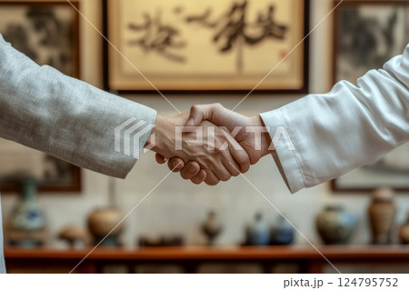 Two people shaking hands indoors with blurred art in the background. Concept of agreement, partnership, collaboration. For business or professional content. 124795752