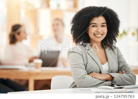 Portrait, black woman and business leader crossed arms, confident and pride. Female entrepreneur, corporate executive or empowered girl with smile, happy or leadership with vision for startup company 124795763