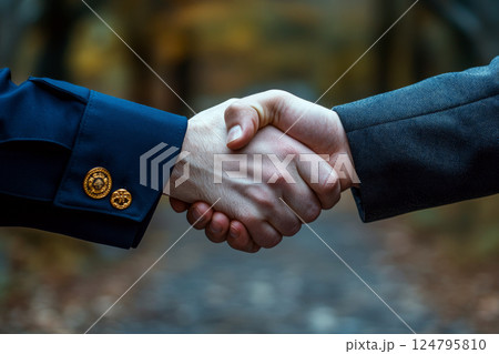 Two hands are shaking in an outdoor setting, with one wearing a dark blue uniform with gold button accents. Concept of partnership and agreement. For business articles on collaboration. 124795810