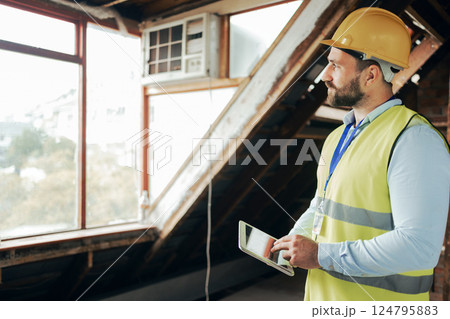 Thinking construction worker, man and tablet for real estate ideas, property innovation or architecture vision. Building engineering, worker or contractor on technology for house project management Thinking construction worker, man and tablet for real estate ideas, property innovation or architecture vision. Building engineering, worker or contractor on technology for house project management 124795883
