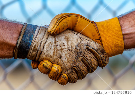 Two people wearing work gloves shake hands outside with a fence in the background. Concept of cooperation, teamwork, unity. For construction teamwork. 124795910