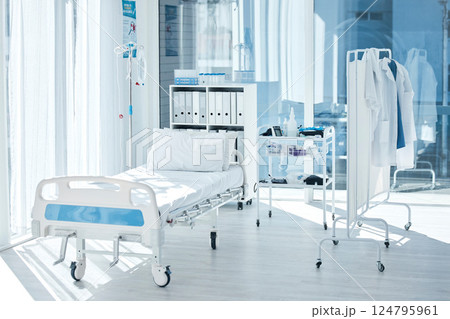 Backgrounds of empty patient room, bed and private healthcare facility, hospital and medical center of consulting, healing and rehabilitation. Furniture interior, clinic bedroom and health care space Backgrounds of empty patient room, bed and private healthcare facility, hospital and medical center of consulting, healing and rehabilitation. Furniture interior, clinic bedroom and health care space 124795961