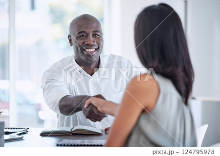 Business people, handshake and meeting for partnership, b2b or collaboration with smile at office. Employee workers shaking hands for business deal, agreement or company recruitment at the workplace Business people, handshake and meeting for partnership, b2b or collaboration with smile at office. Employee workers shaking hands for business deal, agreement or company recruitment at the workplace 124795978