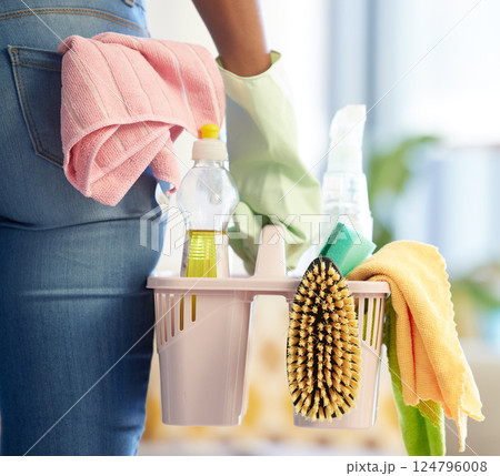 Hand, cleaning products and home supplies for house cleaning service. Cleaner, chemical basket and hygiene safety tools for spring clean worker in latex gloves with chemical sanitation container 124796008