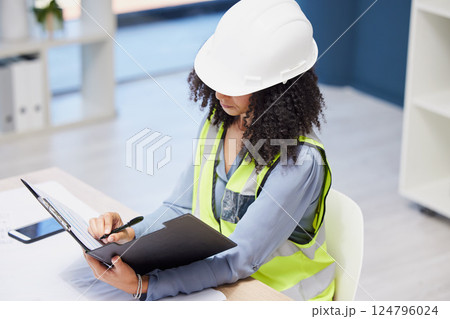 Document, writing and construction worker or engineer black woman paperwork, insurance checklist and logistics management in office. Builder, contractor or architect project planning site development Document, writing and construction worker or engineer black woman paperwork, insurance checklist and logistics management in office. Builder, contractor or architect project planning site development 124796024