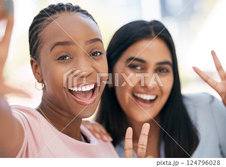 Selfie, women and show sign for peace, smile and being happy for result, confident or girls have fun together. Diversity, portrait and female friends pride with hand gesture, take photo or happiness. Selfie, women and show sign for peace, smile and being happy for result, confident or girls have fun together. Diversity, portrait and female friends pride with hand gesture, take photo or happiness. 124796028