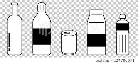 Beverage container icon set, assorted illustrations of bottles, cans, cartons, etc. Beverage container icon set, assorted illustrations of bottles, cans, cartons, etc. 124796071