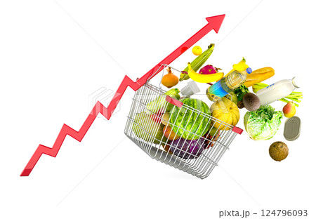 Shopping basket with food products flying out of it and growing red arrow. Rising Supermarket prices and food cost or grocery price, concept. 3D rendering 124796093