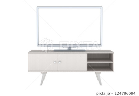 Smart TV set with white screen on stand for TV set. White color, front view. 3D rendering 124796094