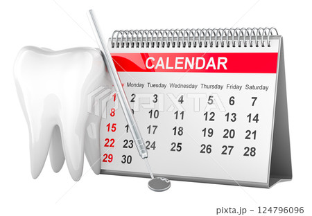 Tooth and desk calendar with dental mirror. Dentist date, concept. 3D rendering Tooth and desk calendar with dental mirror. Dentist date, concept. 3D rendering 124796096