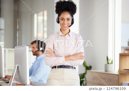 Portrait of black woman, call center and customer service employee working in office of remote online telemarketing business. Proud crm consultant, female digital support and telecommunication worker 124796109