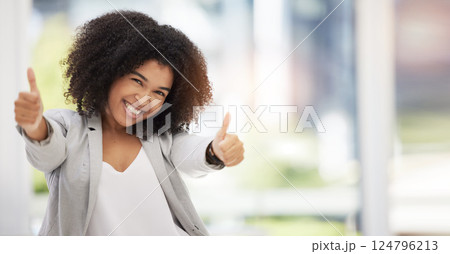 Thumbs up, success and business girl excited with achievement of goals, startup company growth or job venture. Mockup emoji hands sign, positive feedback and black woman with energy and yes gesture Thumbs up, success and business girl excited with achievement of goals, startup company growth or job venture. Mockup emoji hands sign, positive feedback and black woman with energy and yes gesture 124796213