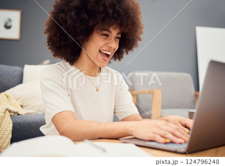 Happy black woman afro, laptop and smile in excitement for learning, education or good news at home. African American female student enjoying study time while working or reading email on computer Happy black woman afro, laptop and smile in excitement for learning, education or good news at home. African American female student enjoying study time while working or reading email on computer 124796248