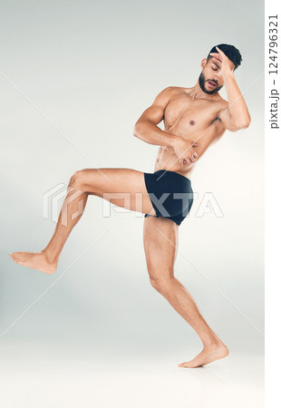Health, fitness and body of a man in studio for health, wellness and self care motivation for a healthy lifestyle. Strong aesthetic model in underwear for exercise, training and workout goals 124796321