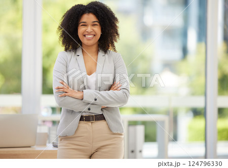 Business, confidence and portrait of happy black woman, worker or employee with pride in marketing career success. Women empowerment, corporate happiness or office girl satisfied with advertising job 124796330