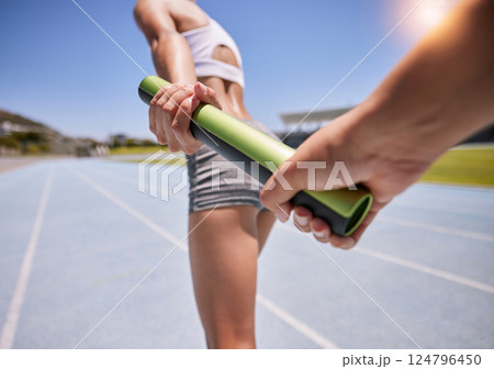 Relay marathon, baton and woman runner running on race track inside athletic stadium, sports arena and racing field. Cardio team sports training, fitness exercise and wellness workout for competition 124796450