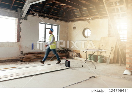 Construction, house and contractor walking in a building with maintenance, renovation and work with sunshine. Architecture, home renovation and fast construction worker on a site working as a builder Construction, house and contractor walking in a building with maintenance, renovation and work with sunshine. Architecture, home renovation and fast construction worker on a site working as a builder 124796454
