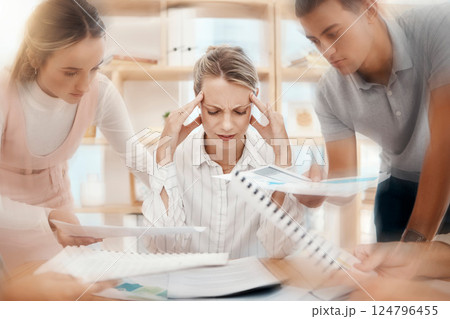Stress, headache or manager with businesspeople pressure, paper data analysis or documents research review in marketing office. Dizzy, anxiety or burnout woman overwhelmed with intern kpi management 124796455