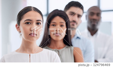 Portrait, team and business people in line for collaboration, support and partnership in a global company. Diversity, men and young women employees after a meeting for a startup in an office building 124796469