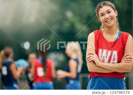 Sports, netball and portrait of active woman on court ready for training, winning and playing game. Fitness, wellness and female athlete standing in outdoor park with team for exercise and workout Sports, netball and portrait of active woman on court ready for training, winning and playing game. Fitness, wellness and female athlete standing in outdoor park with team for exercise and workout 124796578
