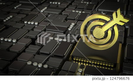 The Gold target on mother board for Business or Technology concept 3d Rendering. The Gold target on mother board for Business or Technology concept 3d Rendering. 124796676