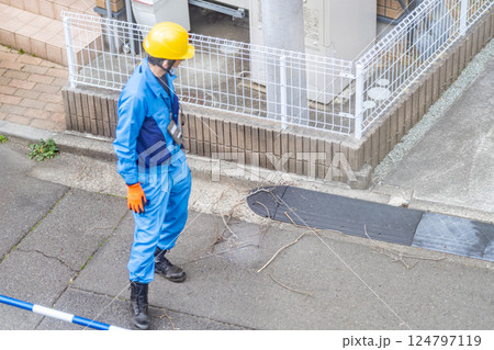 電柱上にあるカラスの巣から落下した木の枝を撤去する保守管理作業員 124797119