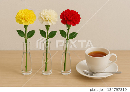 カラフルなカーネーションと　紅茶 124797219