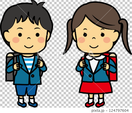 背著書包的小學男生和女生 背著書包的小學男生和女生 124797604