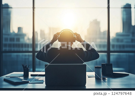 Business Operator Using Hands-Free Headset While Working in Modern Office with City View 124797648