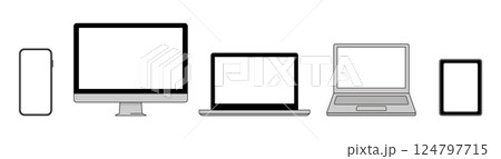 スマートフォン、デスクトップ、ノートパソコン、タブレットのイラスト。デバイスの正面図。空白画面。 スマートフォン、デスクトップ、ノートパソコン、タブレットのイラスト。デバイスの正面図。空白画面。 124797715