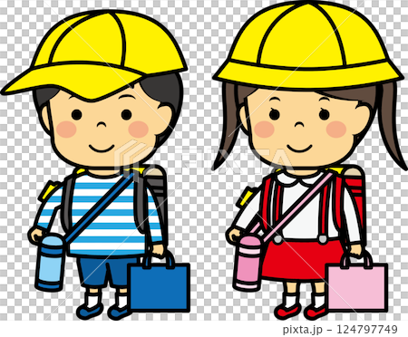 ランドセルを背負って歩く小学生男女 124797749