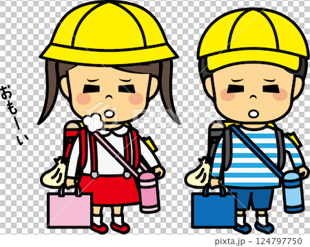 ランドセルを背負って歩く小学生男女 124797750
