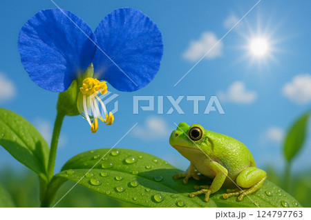 雨上がりのつゆ草に蛙 124797763