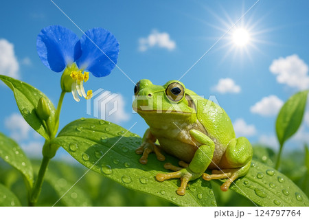 雨上がりのつゆ草に蛙 124797764