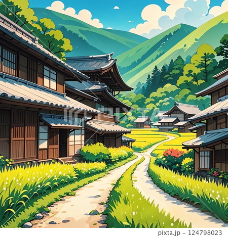 田園に続く小道と古民家　懐かしい夏の田舎風景（イラスト） 124798023