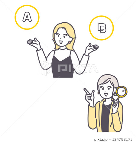 2つを比べる女性と、虫眼鏡を持った女性のイラストセット素材 124798173