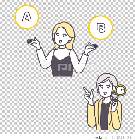 Illustration set of a woman comparing two things and a woman holding a magnifying glass 124798173