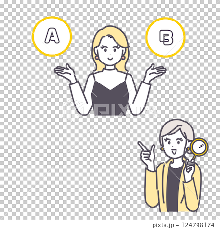 Illustration set of a woman comparing two things and a woman holding a magnifying glass 124798174