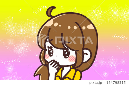 カラフルなキラキラ背景をバックにときめいている女の子 124798315