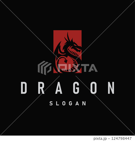 mystical animal legend design with simple dragon logo silhouette and vintage retro ancient illustration templet design 124798447